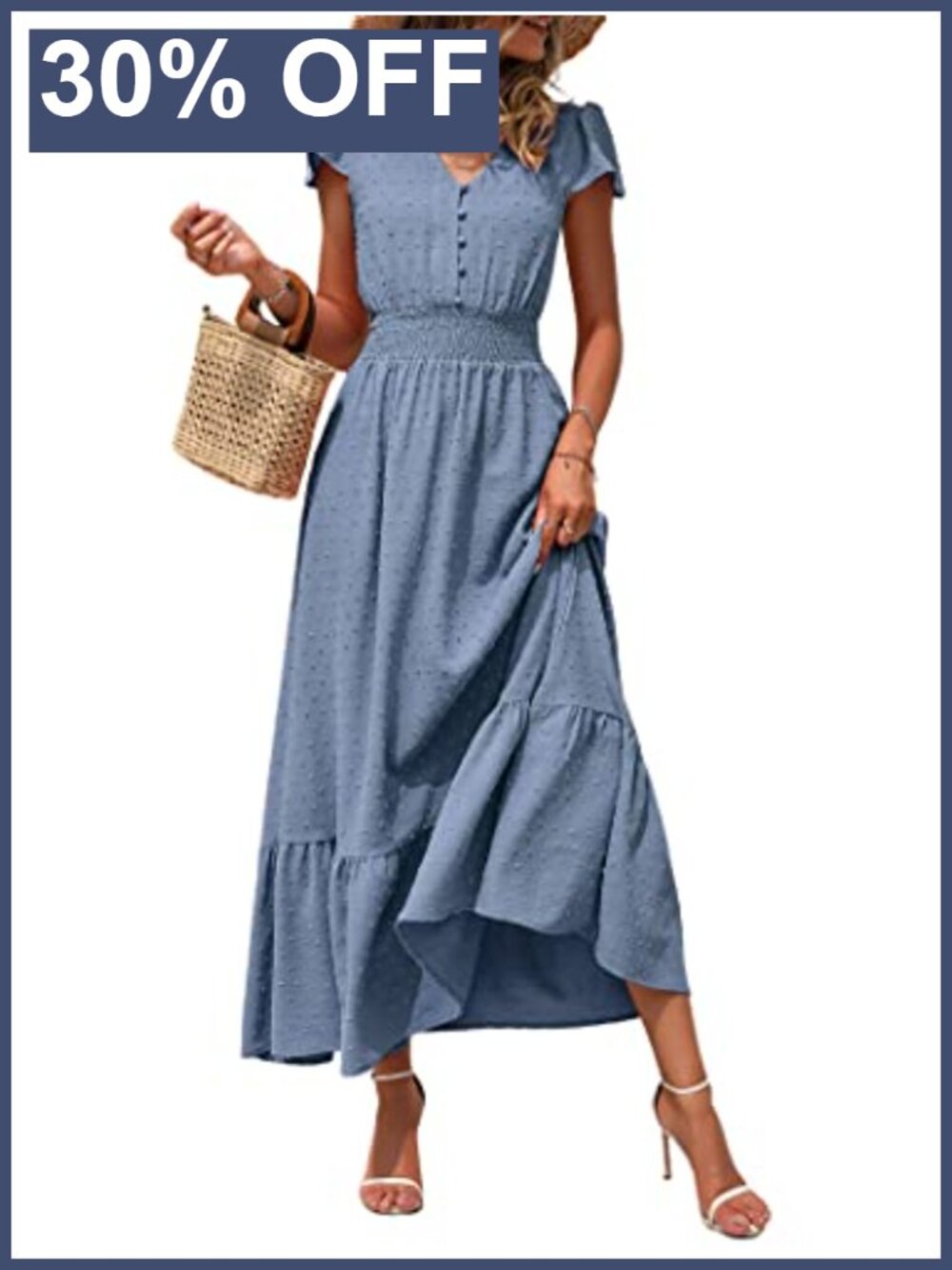 Boho Swiss Dot Maxi Dress V-Neck Short Sleeve Smocked Waist Ruffle Hem Flowy